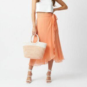 Ralph Lauren Black Label 100% Silk Coral Orange Wrap Maxi Skirt 4